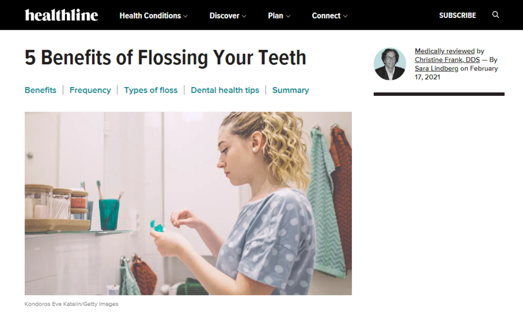 Article sur les 5 avantages de l'utilisation du fil dentaire sur le site Healthline