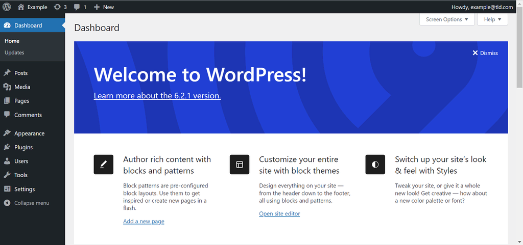 Le panneau d'administration de WordPress, où les utilisateurs peuvent gérer des pages, publier du contenu, ajouter des médias, installer des thèmes et des plugins, etc.