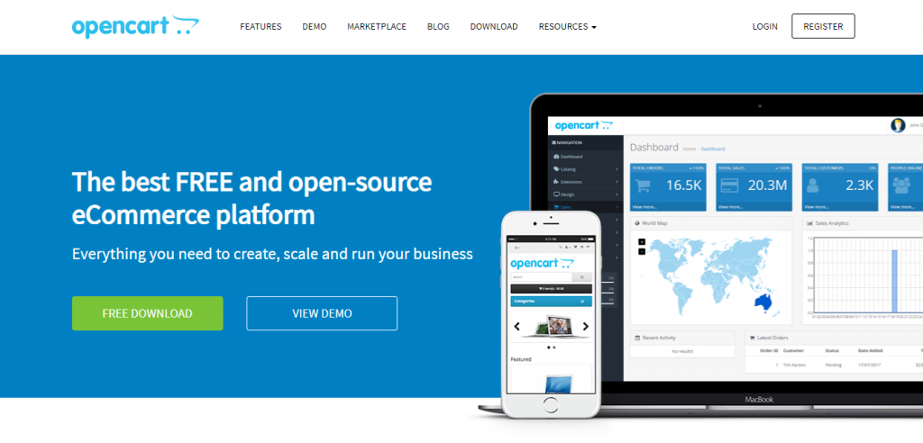 Page d'accueil d'OpenCart.