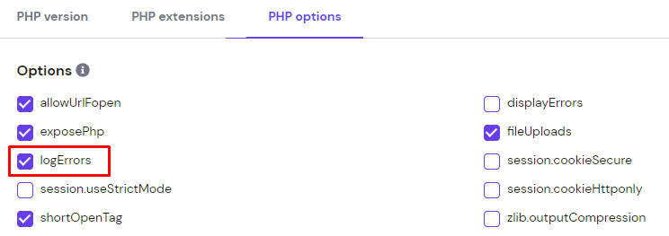 La section des options PHP sur hPanel, mettant en évidence la boîte logErrors.webp

