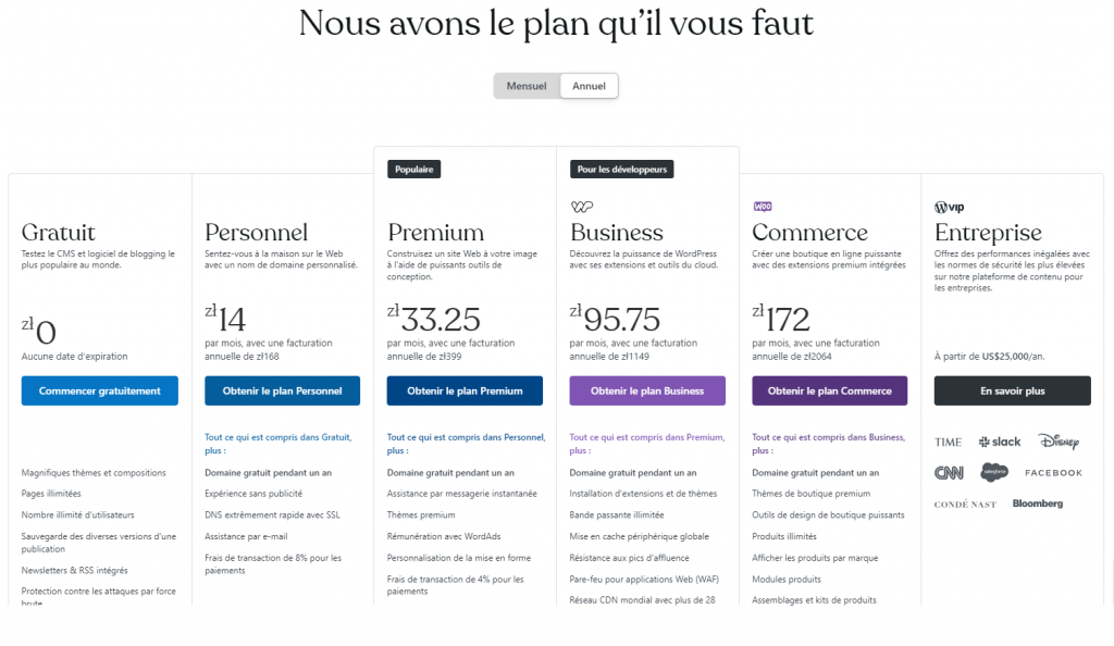 Les plans d'hébergement wordpress