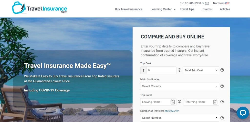 La page d'accueil de Travel Insurance