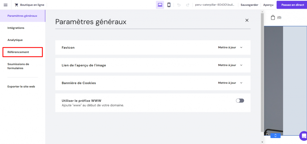 la section Référencement dans l'éditeur du constructeur de sites d'Hostinger
