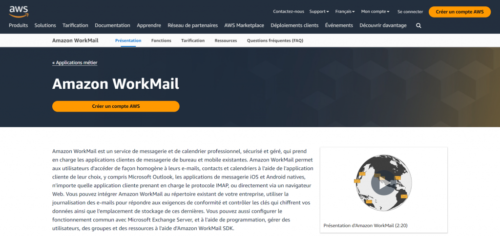 La page d'accueil d'Amazon WorkMail avec un bouton pour créer un nouveau compte AWS.