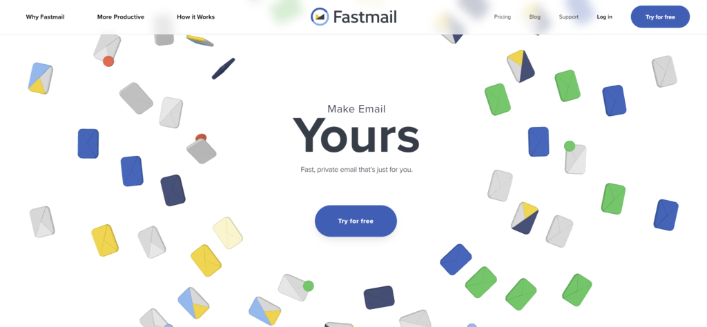 La page d'accueil de Fastmail avec un bouton pour essayer le service gratuitement.