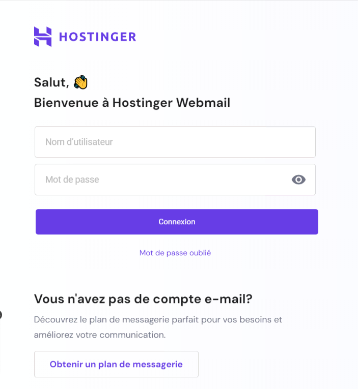 Page de connexion à Hostinger Webmail, illustrant l'écran de login pour accéder à la messagerie électronique depuis un navigateur web.