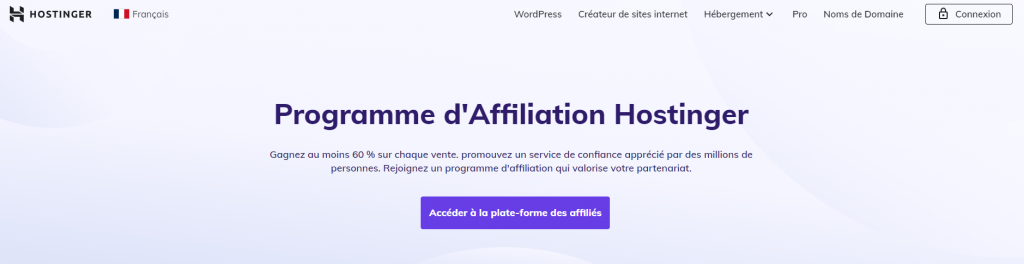 Site web de Hostinger montrant la page du programme d'affiliation de Hostinger