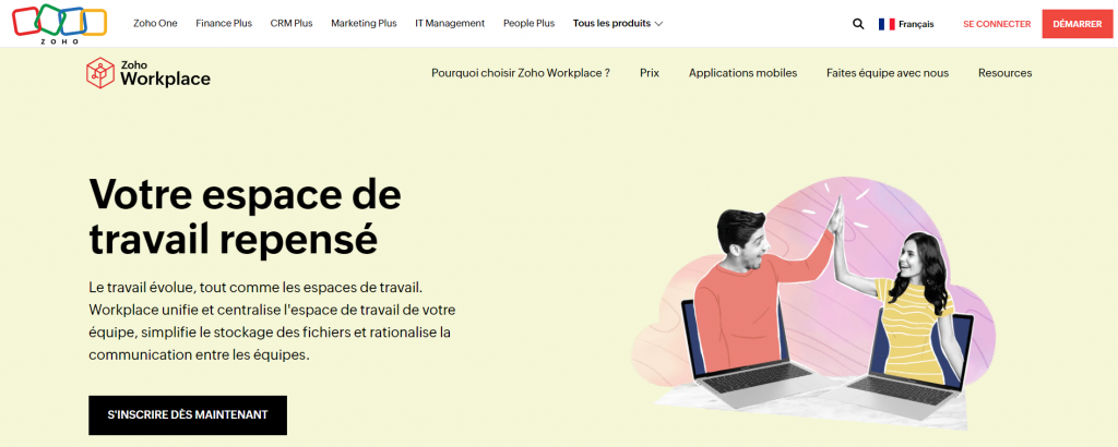 La page d'accueil officielle de Zoho Workplace avec un bouton pour accéder à ses services d'hébergement d'emails.