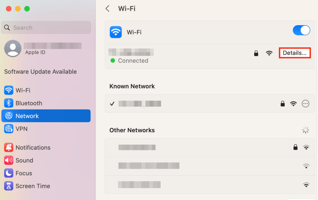 La section Wi-Fi de macOS avec Détails en surbrillance
