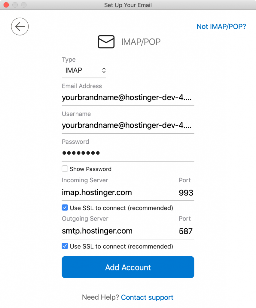 Configuration des paramètres de compte de messagerie dans Outlook sur macOS, montrant les champs pour les détails du serveur IMAP et SMTP.