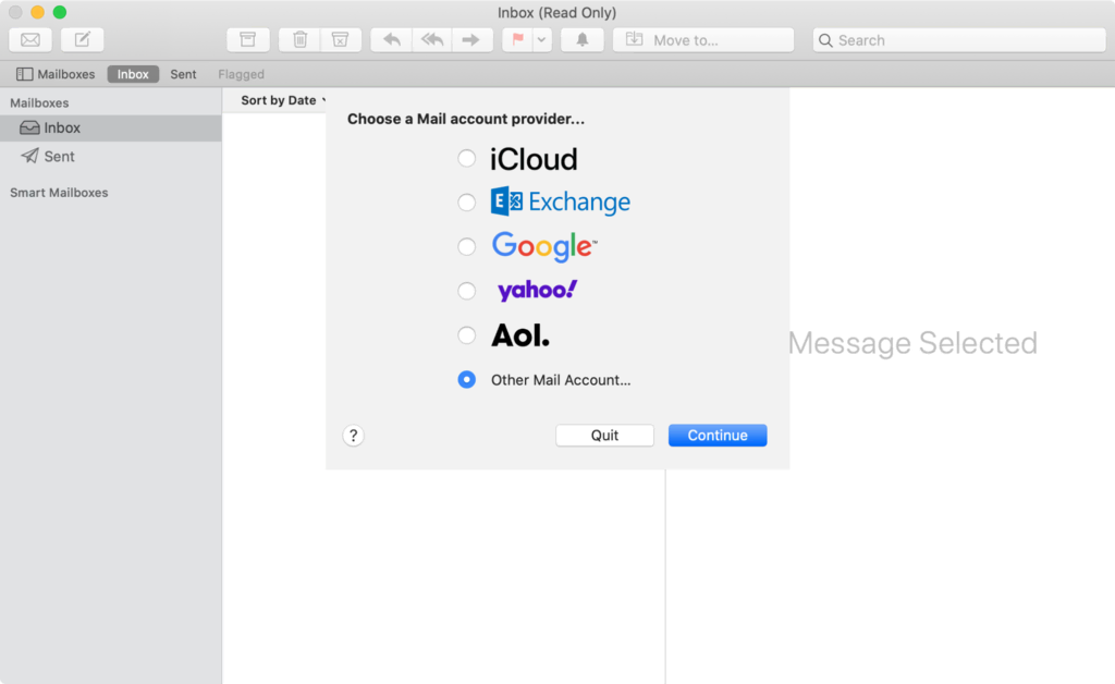 Sélection de l'option 'Autre compte de messagerie' dans Apple Mail, affichant l'écran pour ajouter un compte de messagerie personnalisé