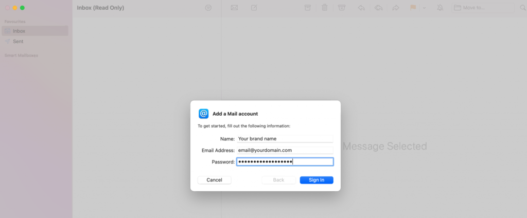 Ajout d'un nouveau compte de messagerie à Apple Mail, présentant l'interface pour entrer les informations de compte.