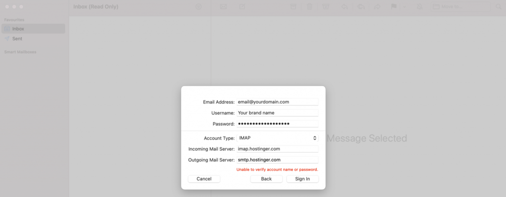 Configuration manuelle du compte dans Apple Mail, montrant l'écran pour saisir les paramètres de serveur IMAP.