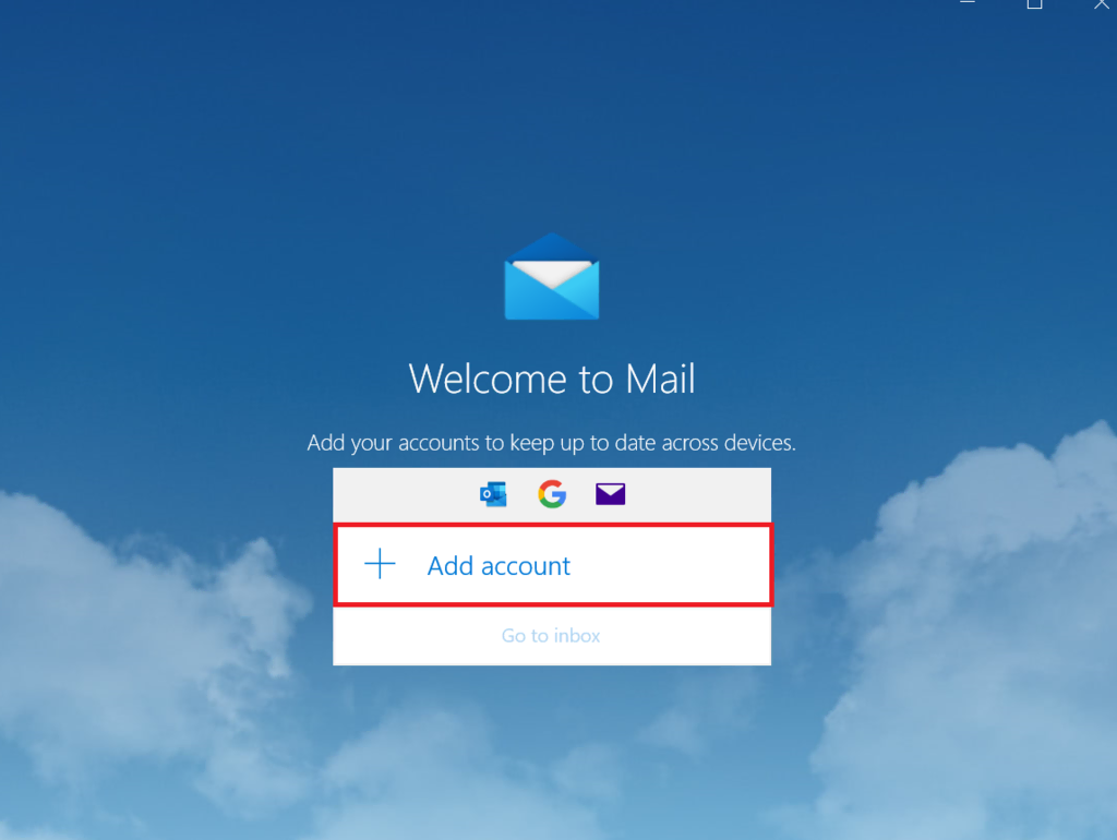 Écran de bienvenue dans l'application Mail sur Windows