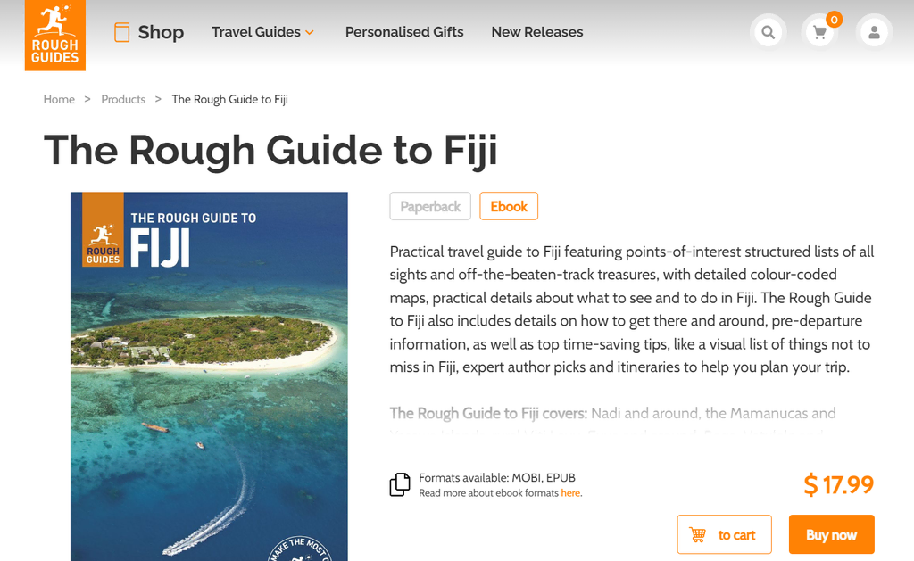 Page produit de l'eBook 'The Rough Guide to Fiji', affichant des détails et options d'achat pour un guide de voyage numérique