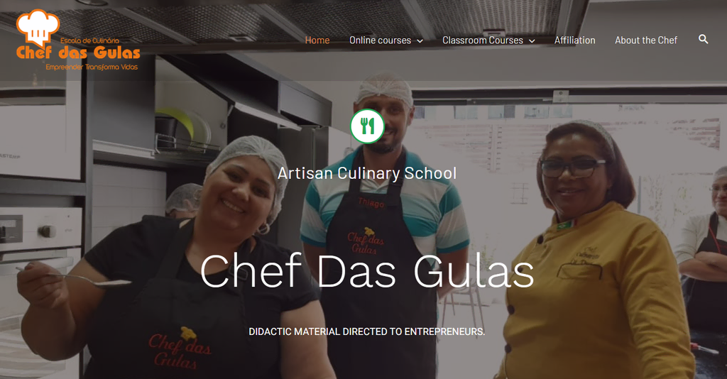 Site web de cours en ligne 'Chef Das Gulas' hébergé par Hostinger, présentant une interface utilisateur pour l'apprentissage culinaire en ligne