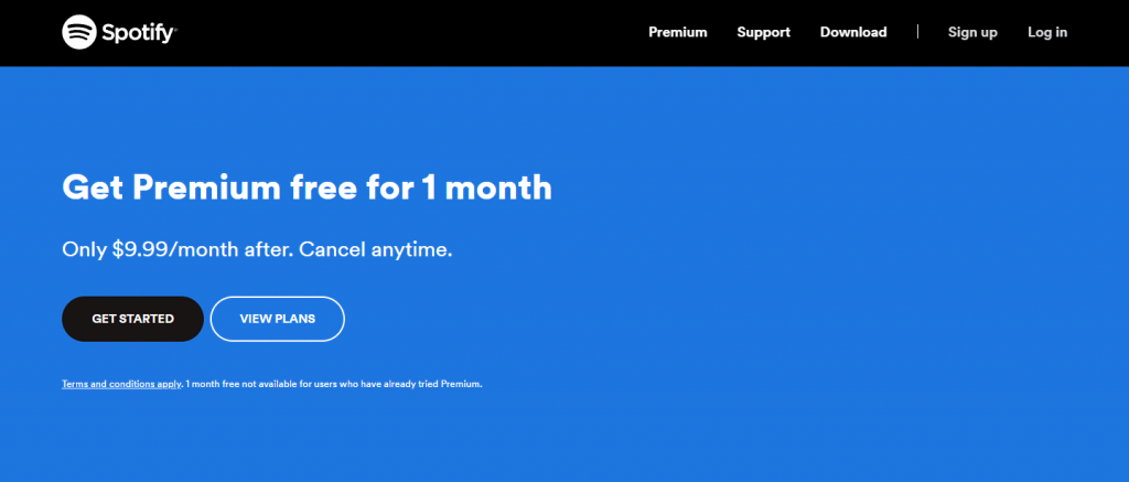 Page d'accueil de Spotify Premium, montrant les avantages et les options d'abonnement pour un service de streaming musical sans publicité