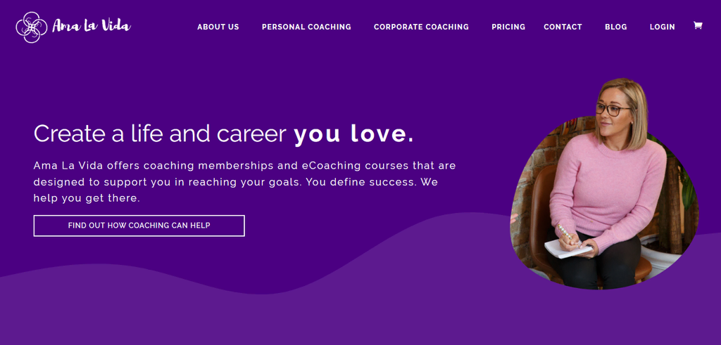 Page d'accueil du site web de coaching 'Ama La Vida', offrant des services de coaching et de conseil personnalisés