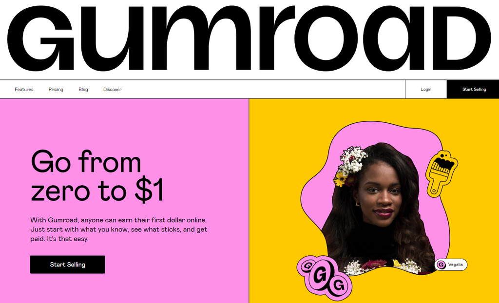 Page d'accueil de Gumroad, montrant une plateforme pour vendre et distribuer des produits numériques directement aux consommateurs