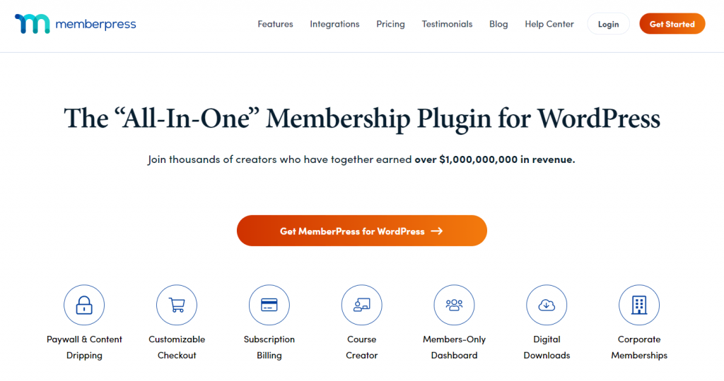 Page d'accueil de MemberPress, un plugin WordPress pour créer, gérer et suivre les abonnements à des sites de membres, montrant ses fonctionnalités clés pour la restriction d'accès et la gestion de contenu exclusif