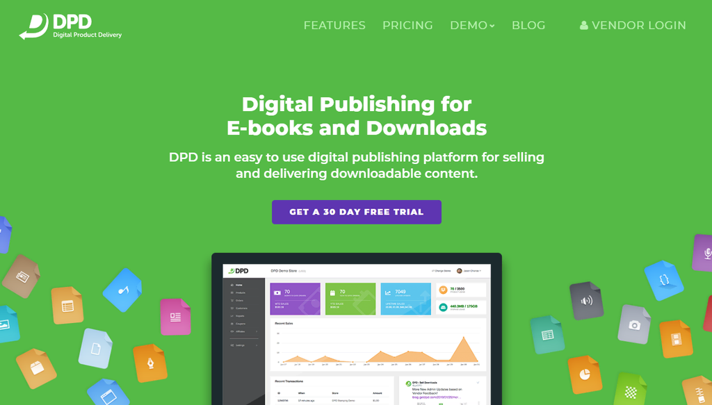 Page d'accueil de Digital Product Delivery, une plateforme pour la vente sécurisée de produits numériques comme les eBooks et les cours en ligne, mettant en évidence ses interfaces utilisateur et fonctionnalités de gestion de produits