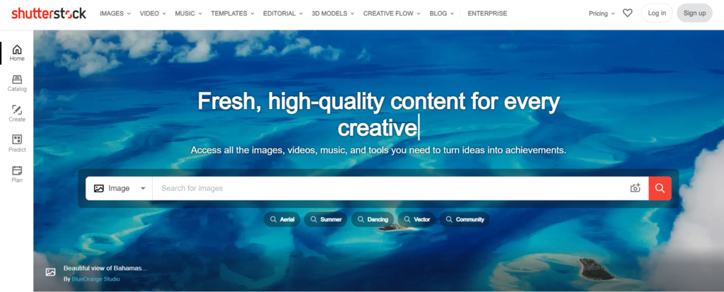 Site web de Shutterstock montrant la page d'accueil