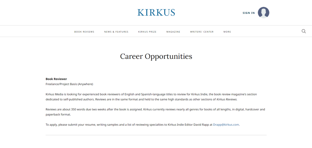 Site web de Kirkus montrant la page de carrière