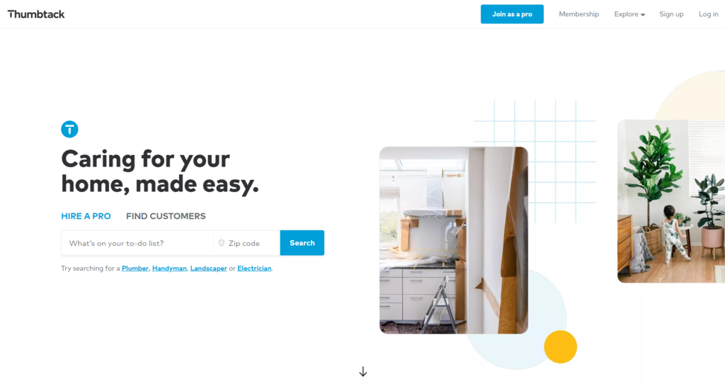 Site web de Thumbtack montrant la page d'accueil