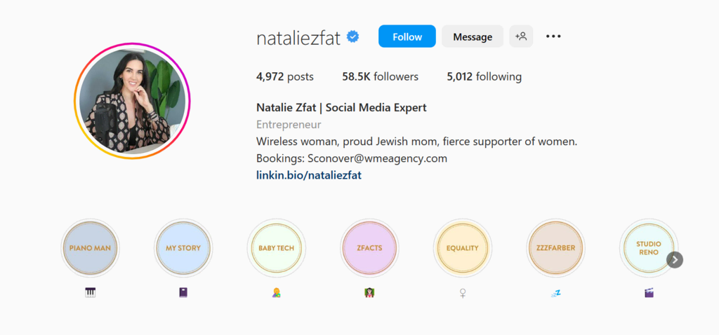 Instagram montrant la page de profil de Natalie Zfat