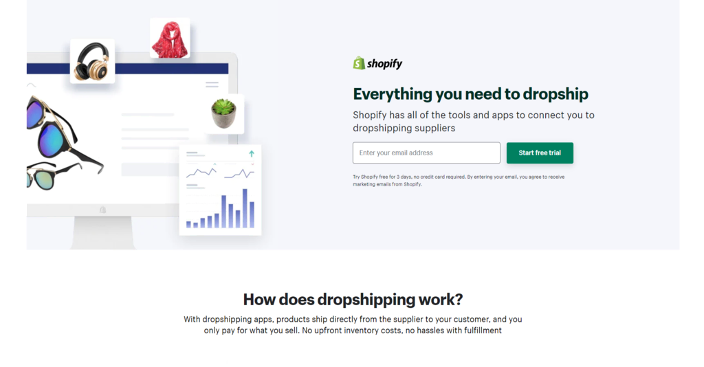 Site web de Shopify montrant la page d'accueil