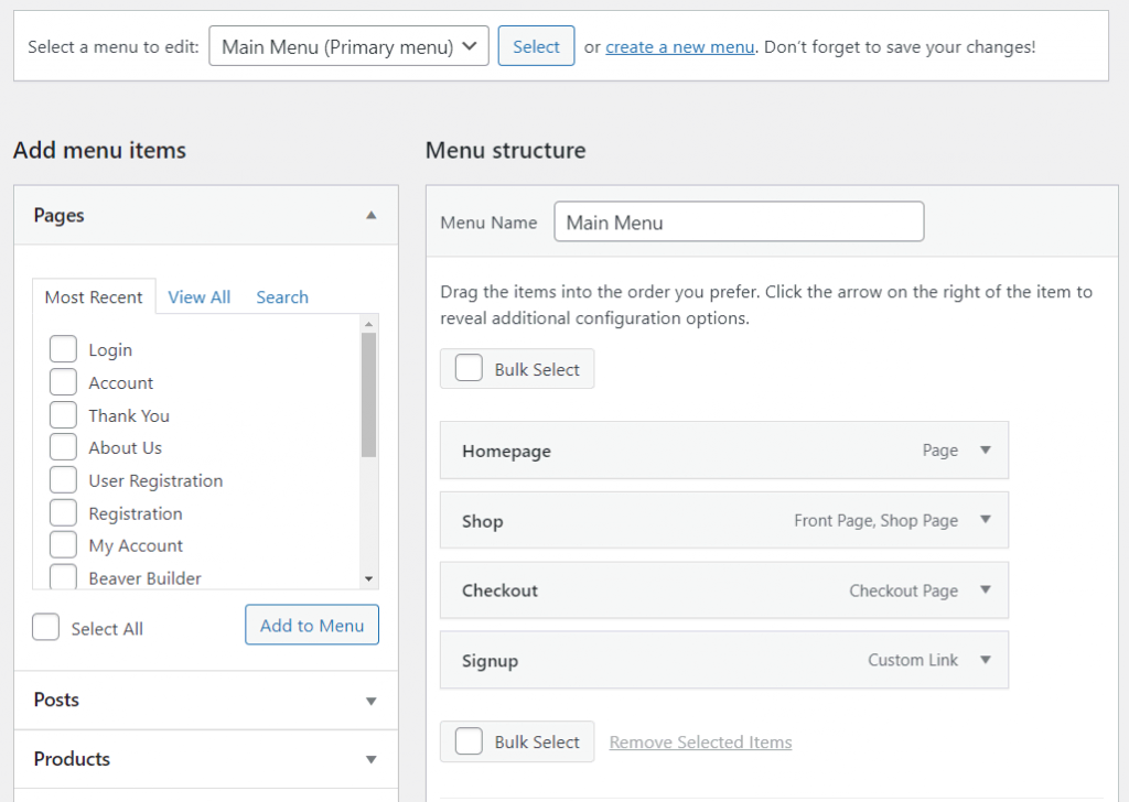 Structure du menu personnalisé nouvellement créé dans WordPress