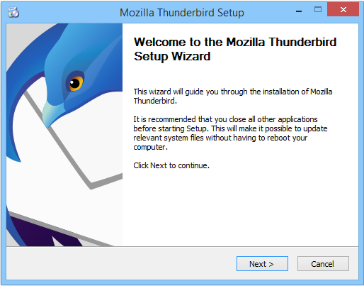 Assistant d'installation de Mozilla Thunderbird sur Windows, guidant l'utilisateur à travers les étapes de l'installation.
