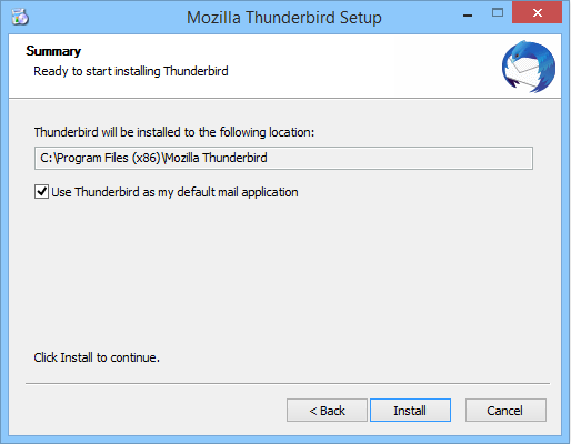 Écran de choix de l'emplacement d'installation pour Mozilla Thunderbird sur Windows, offrant des options pour personnaliser l'installation.