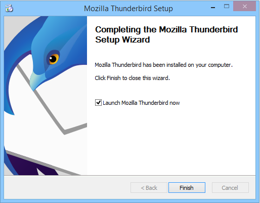"Écran de finalisation de l'installation de Mozilla Thunderbird sur Windows, indiquant l'achèvement du processus d'installation.