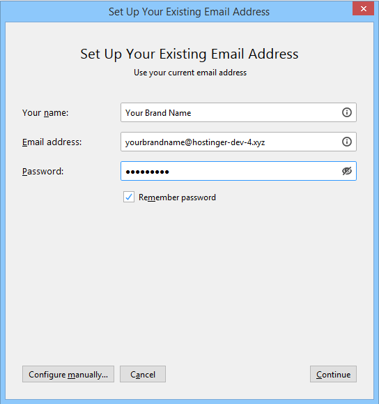 Configuration d'un nouveau compte de messagerie dans Mozilla Thunderbird sur Windows, montrant où saisir les détails du compte.