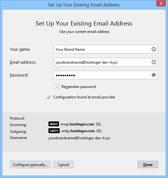 Message de configuration réussie d'un compte de messagerie dans Mozilla Thunderbird sur Windows, confirmant la connexion au serveur de messagerie.