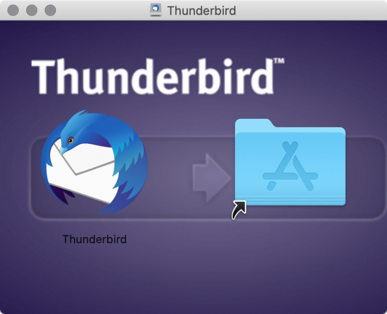 Déplacement de l'application Thunderbird vers le dossier Applications sur macOS, illustrant l'étape d'installation sur un appareil Apple.