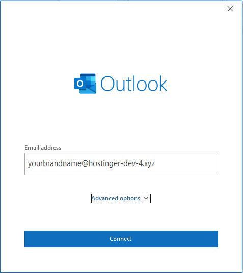 Connexion à un compte de messagerie dans Outlook sur Windows, montrant l'écran pour entrer les détails du compte Hostinger.