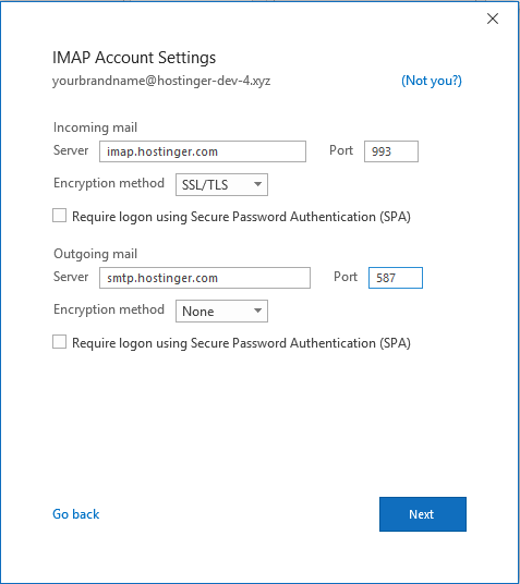 Configuration des paramètres de compte IMAP dans Outlook sur Windows, indiquant où entrer les détails du serveur de messagerie entrant et sortant.