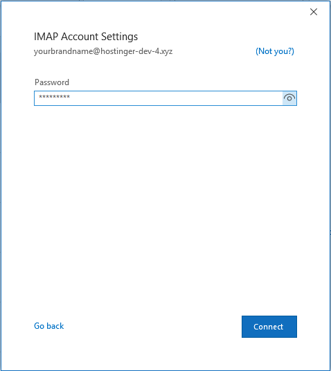 Saisie du mot de passe pour le compte de messagerie listé dans Outlook sur Windows, permettant l'accès au compte Hostinger.