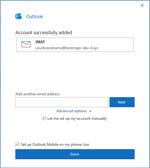 Message de succès pour l'ajout de compte dans Outlook sur Windows, confirmant que le compte de messagerie a été correctement configuré.