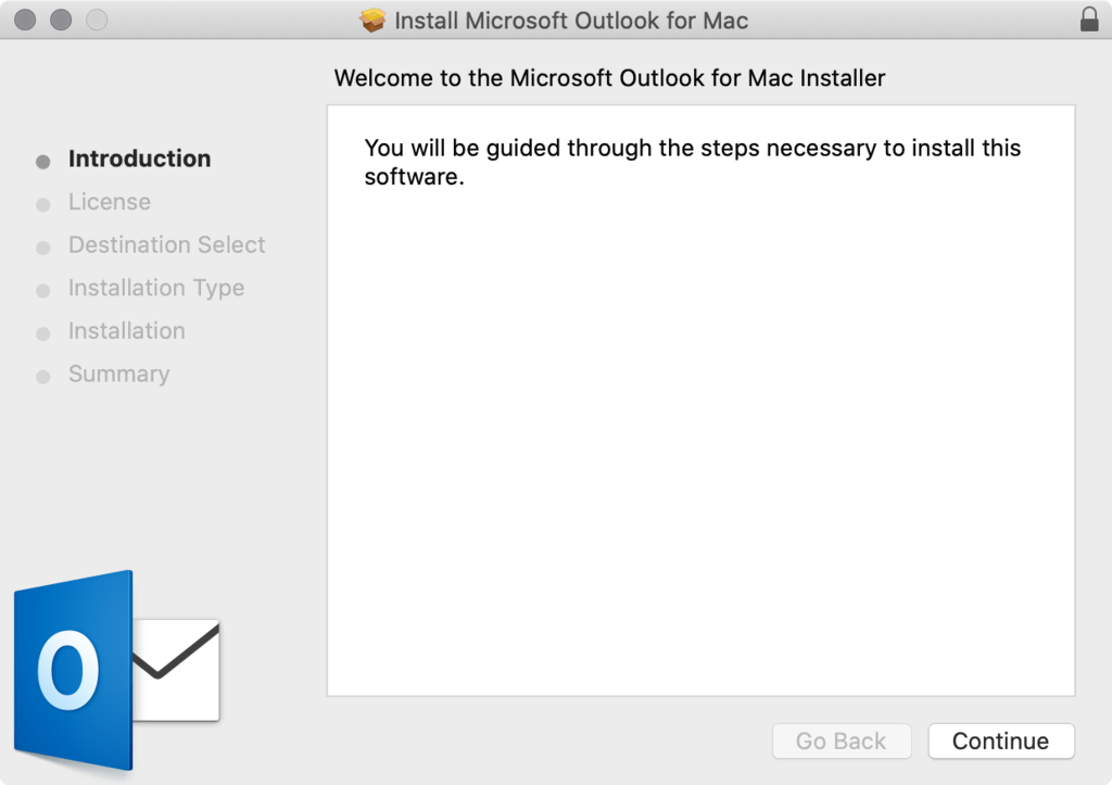 Assistant d'installation d'Outlook sur macOS, affichant l'écran de démarrage pour l'installation du client de messagerie