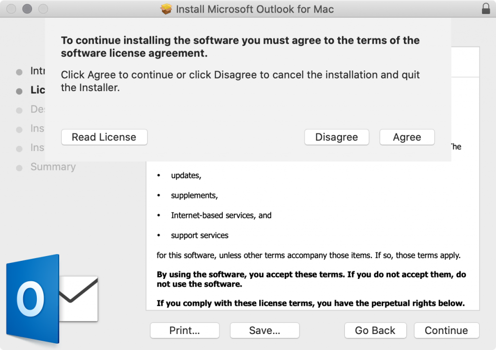 Fenêtre d'accord de licence logicielle pour Outlook sur macOS, demandant à l'utilisateur d'accepter les termes avant l'installation.