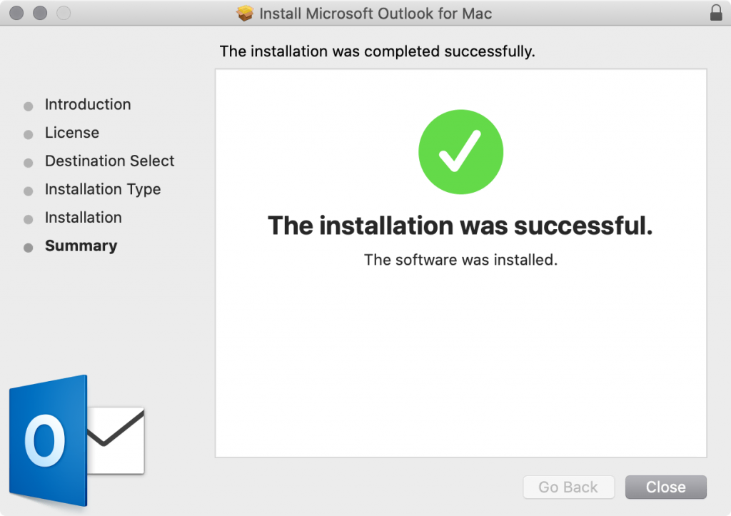 Écran indiquant la fin de l'installation d'Outlook sur macOS, confirmant que le logiciel est prêt à être utilisé.