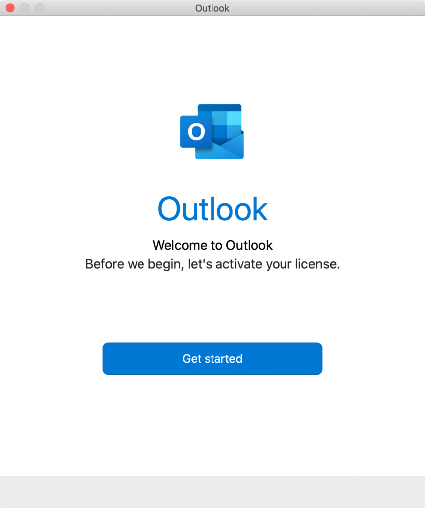 Écran de bienvenue d'Outlook sur macOS, invitant l'utilisateur à démarrer l'application après l'installation.