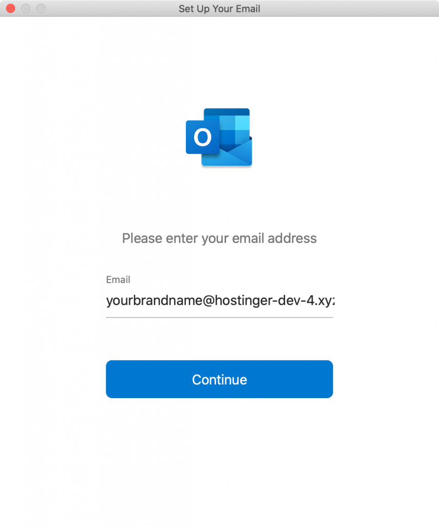 Connexion à un compte de messagerie dans Outlook sur macOS, affichant l'écran pour entrer l'adresse email Hostinger.