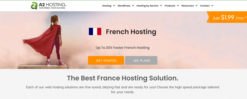 landing page dédiée à la clientèle française de A2 Hosting