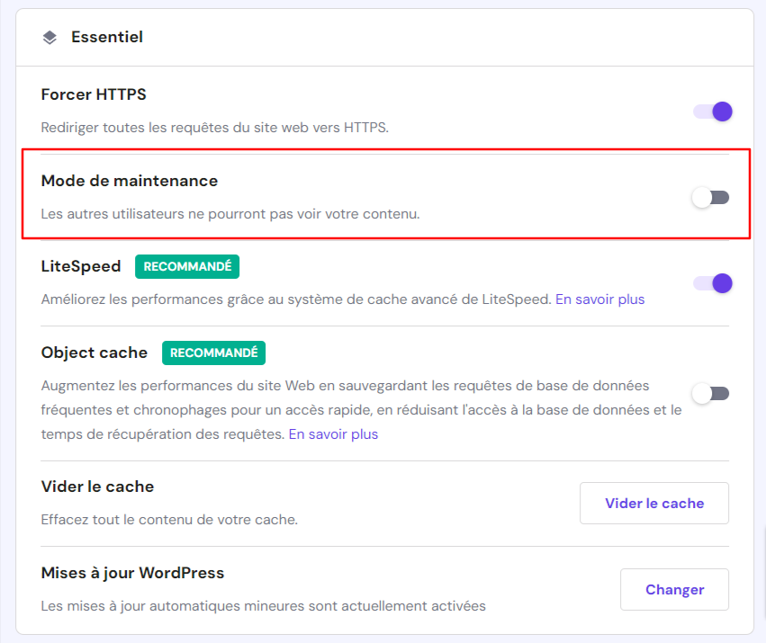 Mode maintenance sur hPanel.