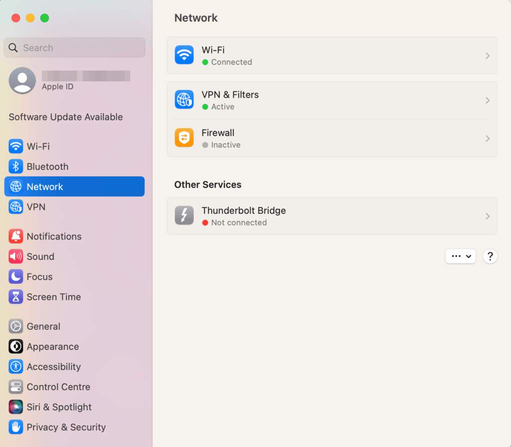 Panneau des préférences système de macOS avec réseau en surbrillance