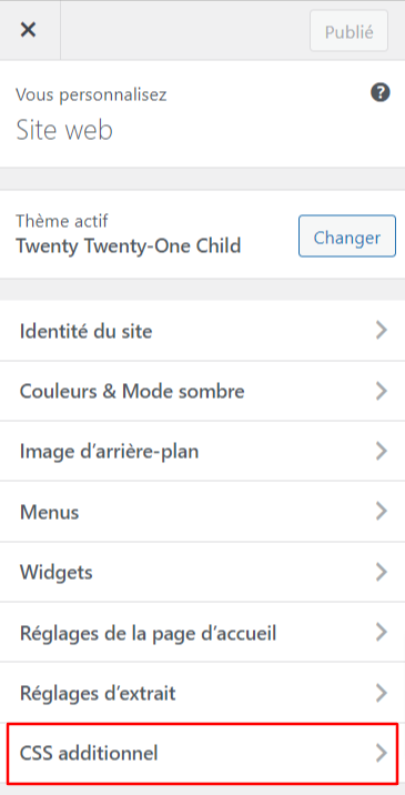 Accès à l'option CSS additionnel dans le personnalisateur de thème WordPress